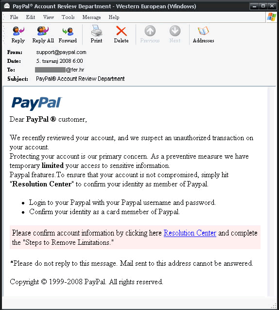 Slika 2.4: PayPal phishing poruka