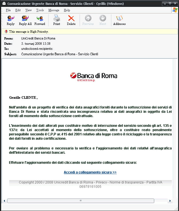 Slika 2.7: Banca di Roma phishing poruka